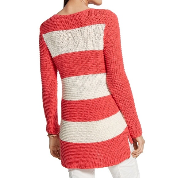 Chico’s Stripe Sweater Harley Pullover Coral & Cream Open Weave NWT - Picture 1 of 7